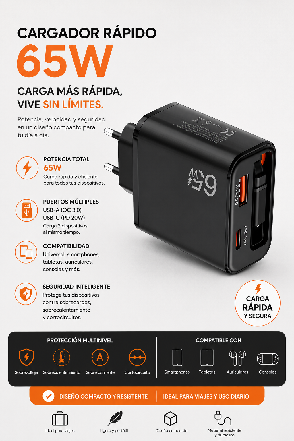 Cargador rápido 65w para cargar dos dispositivos a la vez
